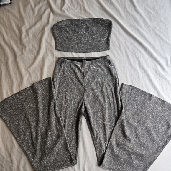 Shein SXY Silver Glitter Stretchy Tube Top & Flare Pants Set Party Evening - Picture 5 of 12